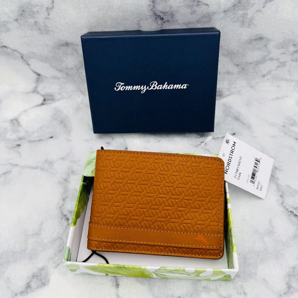 Tommy Bahama Leather Bifold Wallet,Tan Geometric Embossed,Logo Detail,Boxed-NEW - Picture 3 of 13